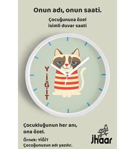 İsme Özel Kedi Çocuk Odası Duvar Saati Orta Boy 30 cm Beyaz Camlı Sessiz