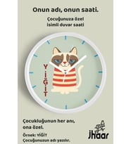 İsme Özel Kedi Çocuk Odası Duvar Saati Orta Boy 30 cm Beyaz Camlı Sessiz