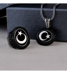 925 Ayar Gümüş Mikro Taşlı Ayyıldız Model Kolye Yüzük Kombini