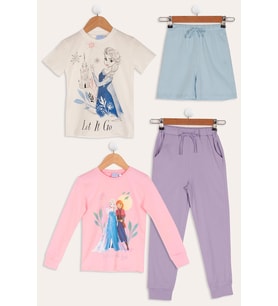4'lü Frozen Baskılı Pudra Tshirt Şort Pantolon Takım