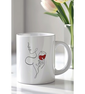 Minimal Şarap Figürlü Line Art 330ml Baskılı Beyaz Seramik Kupa Bardak