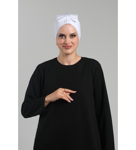 Beyaz Pratik Hazır Geçmeli Fiyonklu Bone Sandy Çift Taraflı Çapraz 3007B_42