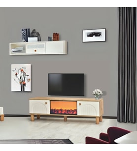 Lidya 2 Kapaklı Alev Efektli Şömineli Tv Sehpası – Ahşap Detaylı Atlantik Çam / Krem 150x50x36 Cm