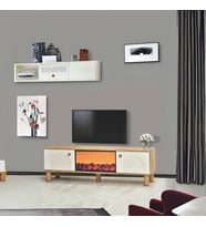 Lidya 2 Kapaklı Alev Efektli Şömineli Tv Sehpası – Ahşap Detaylı Atlantik Çam / Krem 150x50x36 Cm