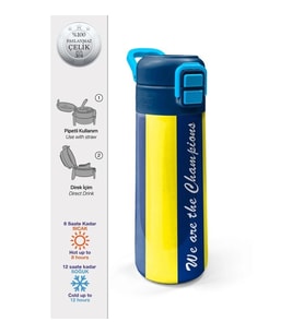 CORAL HIGH 31791 SARI LACİVERT ÇUBUKLU TARAFTAR DESENLİ PİPETLİ VE DİREKT İÇİM ÇELİK TERMOS 500ML