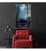 Metal Çerçeveli Temperli Cam Tablo Dodge Demon Araba ve Orman (Gold)