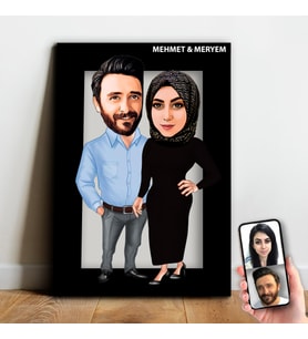 Kişiye Özel Sevgili , Evli Tesettürlü Karikatür Ahşap Tablo - mx11