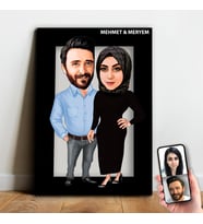 Kişiye Özel Sevgili , Evli Tesettürlü Karikatür Ahşap Tablo - mx11