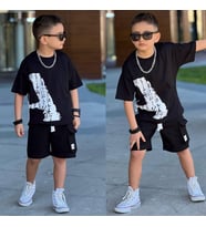 Cg Kids Kargo Cepli Şort Basic A Baskı Erkek Çocuk Alt Üst Takım (Siyah)
