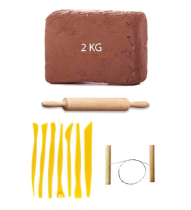 Kahve Çamur Kırmızı Kil Seramik Hamuru 2 kg Plastik Ebeşuar Seti Ahşap Merdane Çamur Kesme Teli