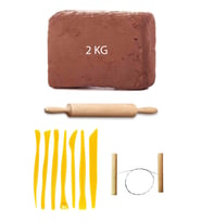Kahve Çamur Kırmızı Kil Seramik Hamuru 2 kg Plastik Ebeşuar Seti Ahşap Merdane Çamur Kesme Teli