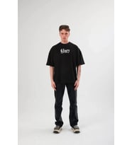 Unisex Bisiklet Yaka Baskılı Oversize T-Shirt - Siyah