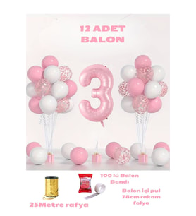 3 yaş Pembe Doğum Günü Balon Seti 78cm balon bandı rafyası dahil