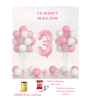 3 yaş Pembe Doğum Günü Balon Seti 78cm balon bandı rafyası dahil