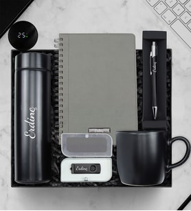 Kişiye Özel Siyah Dereceli Termos & Gri Spiralli Defter & Kupa & Usb Bellek & Kalem Hediye Seti