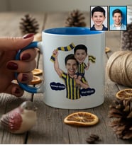 Kişiye Özel Karikatürlü Sarı Lacivert Taraftar Baba Oğul Kupa Bardak Babalar Günü Hediyesi