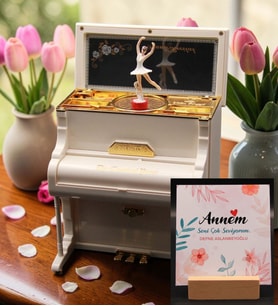 Anneler Günü'ne Özel Dans Eden Balerinli Piyano Müzik Kutusu - Gift Kart ve Ahşap Tutucu