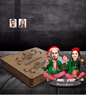 Kişiye Özel Sevgili Yılbaşı Karikatürlü Ahşap Biblo Kutulu Model-5