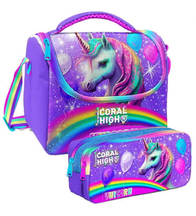 Coral High Mor Simli Unicorn Desenli Kız Çocuk Isı Yalıtımlı Beslenme Çantası ve Kalemlik Seti