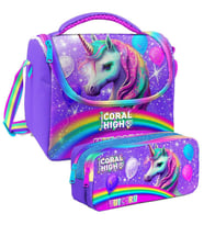 Coral High Mor Simli Unicorn Desenli Kız Çocuk Isı Yalıtımlı Beslenme Çantası ve Kalemlik Seti
