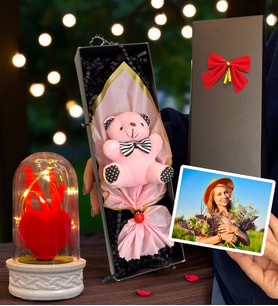 Size Özel Fotoğraflı Kutuda Pembe Peluş Ayıcık ve Led Işıklı Biblolu Fanus (Model 3)