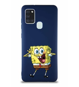 Samsung Galaxy A21S Soft Premier Kapak Sünger Bob Tasarımlı Silikon Kılıf - Lacivert (Şeffaf)