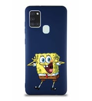 Samsung Galaxy A21S Soft Premier Kapak Sünger Bob Tasarımlı Silikon Kılıf - Lacivert (Şeffaf)