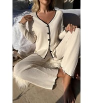 Mulvxbrf Brf02 Kadın Beyaz Örme Kumaş V Yaka Düğmeli Rahat Şık Pijama Takımı (Mulvix)