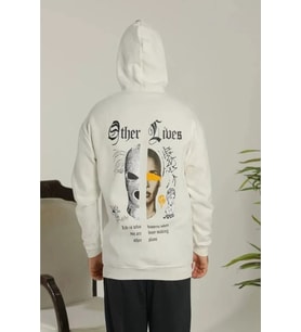 Erkek Sırt Baskılı Oversize Üç İplik Kapüşonlu Sweatshirt - Beyaz