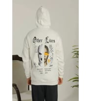 Erkek Sırt Baskılı Oversize Üç İplik Kapüşonlu Sweatshirt - Beyaz