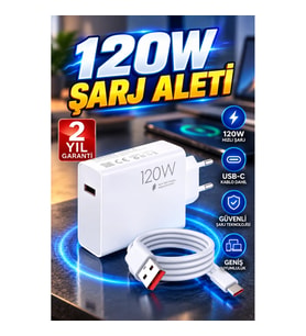 120W Turbo Hızlı Şarj Adaptörü Seti USB-C Kablo Dahil Beyaz