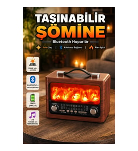 Solar Şarjlı Alev Işıklı Bluetooth Hoparlör 7W Şömine Tasarımlı Taşınabilir Radyo