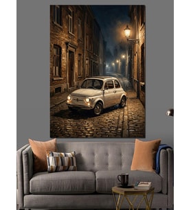 Gece Sokağında Klasik Beyaz Araba Dekoratif Kanvas - Mdf Ahşap Tablo