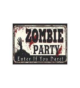 Zombie Party Retro Ahşap Tablo – Korku Temalı Eğlenceli Kan Efektli Tasarım