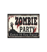 Zombie Party Retro Ahşap Tablo – Korku Temalı Eğlenceli Kan Efektli Tasarım