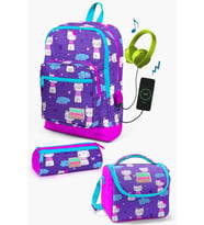 Coral High Kids Mor Pembe Kedi Desenli USB'li 3’lü Okul Çanta Seti - Kız Çocuk