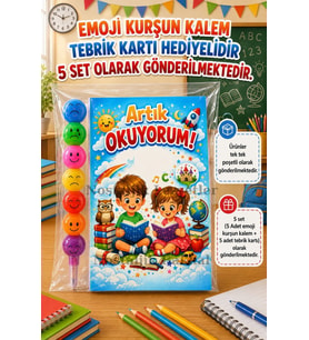 5 Set Yeni Okumayı Öğrenen Öğrencilere Hediye Artık Okuyorum Yazılı 1. Sınıf Hatırası Emoji Kurşun Kalem Tebrik Kartı Hediyeli