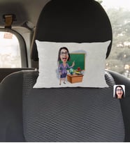 BK Gift Kişiye Özel Kadın Öğretmen Karikatürlü Dikdörtgen Araç Koltuk Yastığı-1