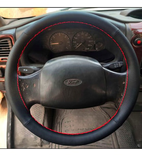 DİKİŞLİ DİREKSİYON KILIFI NOKTALI/SİYAH DERİ KIRMIZI DİKİŞLİ FORD TRANSİT 2004-06