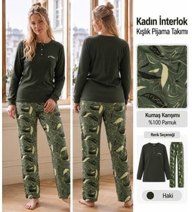 Angelina Kadın Düğmeli Yaka %100 Pamuk İnterlok Kışlık Pijama Takımı 10003 - 1 Adet