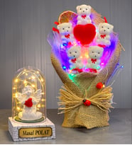 Renkli Led Işıklı Ayıcık Buketi & Kişiye Özel Led Işıklı Beyaz Melekli Fanus (Pembe)