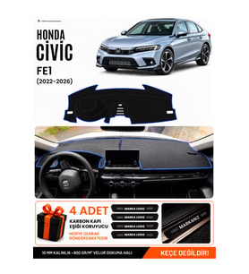 e-biz HONDA CIVIC FE1 (2022-2026) Uyumlu Torpido Örtüsü, Torpido Kılıfı - Siyah-Mavi - HO020