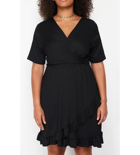 Moda Slim Casual Günlük Bürümcük Örme Kruvaze Kısa Kol Anvelop Mini Boy Büyük Beden Elbise (Siyah)