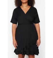 Moda Slim Casual Günlük Bürümcük Örme Kruvaze Kısa Kol Anvelop Mini Boy Büyük Beden Elbise (Siyah)