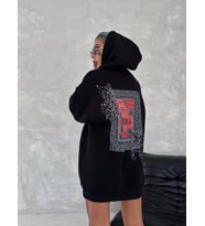 Kadın Kapüşonlu Kanguru Cepli Sweatshirt 3 İplik Pamuklu Baskılı Hoodie - Siyah