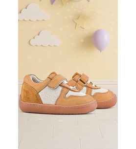 Rakerplus Bob Hakiki Deri Taba Krem Barefoot Cırtlı Lastikli Bebek Sneaker Ayakkabı