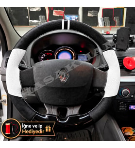 Renault Scenic 3 Dikme Direksiyon Kılıfı Delikli Deri Parlak Siyah Beyaz Detay Çift Yüzük ve Dikiş 2009-2016