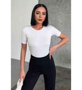 Rahat Şık Kısa Kollu Bisiklet Yaka Likralı Viskon Penye Body Beyaz ( Lisinya )