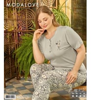 Modalove Kadın Battal Bambu Viskon Kumaş Kısa Kol Pijama Takımı (Yeşil)