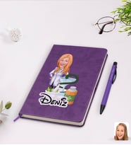BK Gift Kişiye Özel Kadın Eczacı Karikatürlü Mor Termo Deri Defter Kalem Seti Model 2